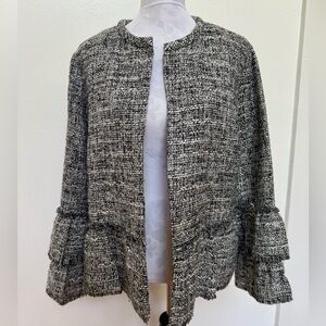 Chico’s Ruffle Tweed Lined Bell Sleeve Black and White Jacket